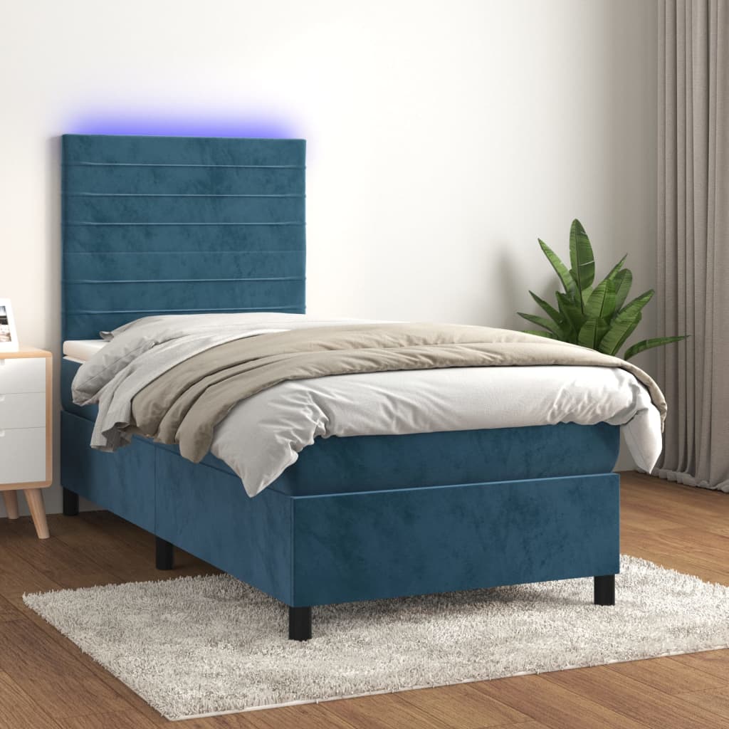 vidaXL Posteľný rám boxsping matrac a LED tmavomodrý 90x200 cm zamat