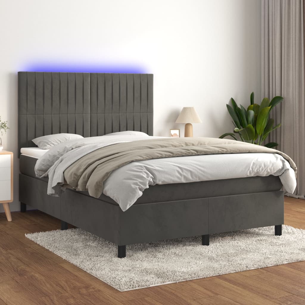 vidaXL Posteľ boxsping s matracom a LED tmavosivá 140x190 cm zamat