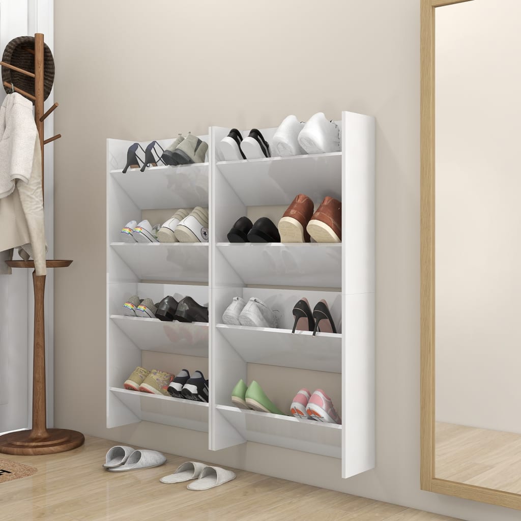 vidaXL Nástenné skrinky na topánky 4 ks, lesklé biele 60x18x60 cm