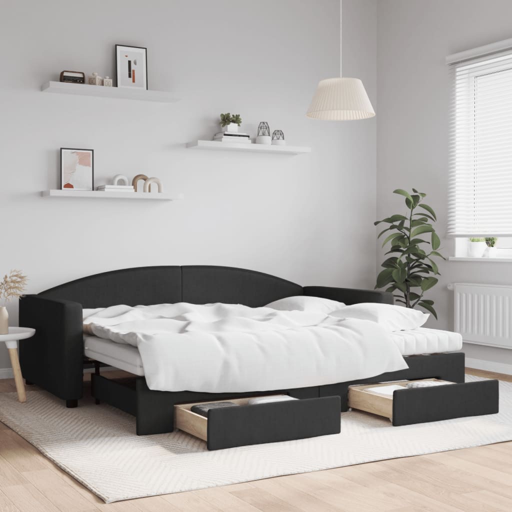 vidaXL Rozkladacia denná posteľ so zásuvkami čierna 90x200 cm látka