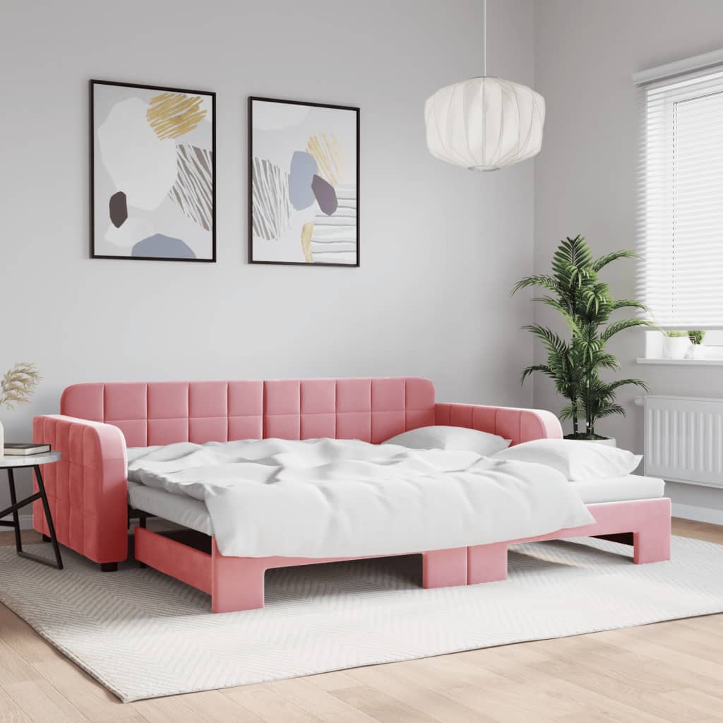 vidaXL Denná posteľ s rozkladacou posteľou ružová 90x200 cm zamat