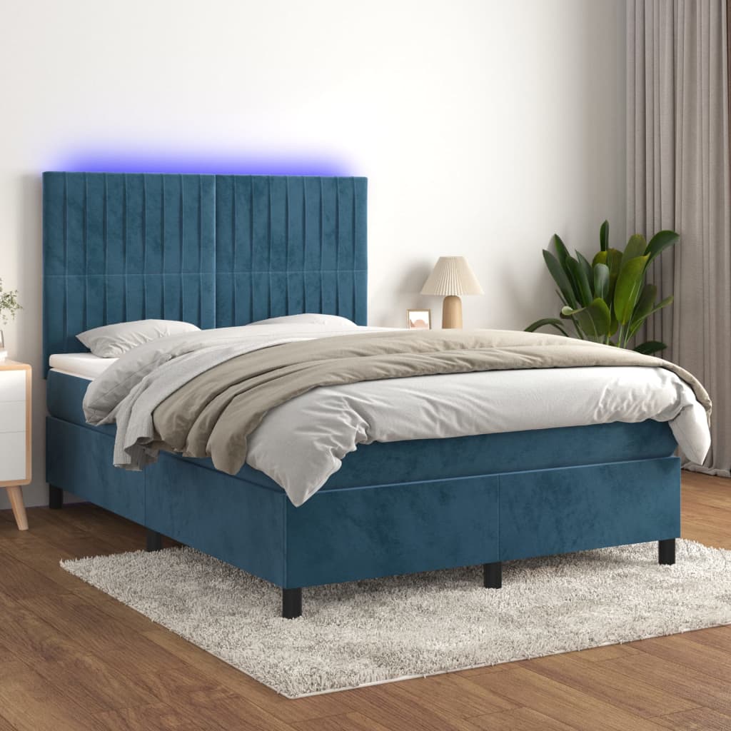 vidaXL Posteľný rám boxsping matrac a LED tmavomodrý 140x200 cm zamat