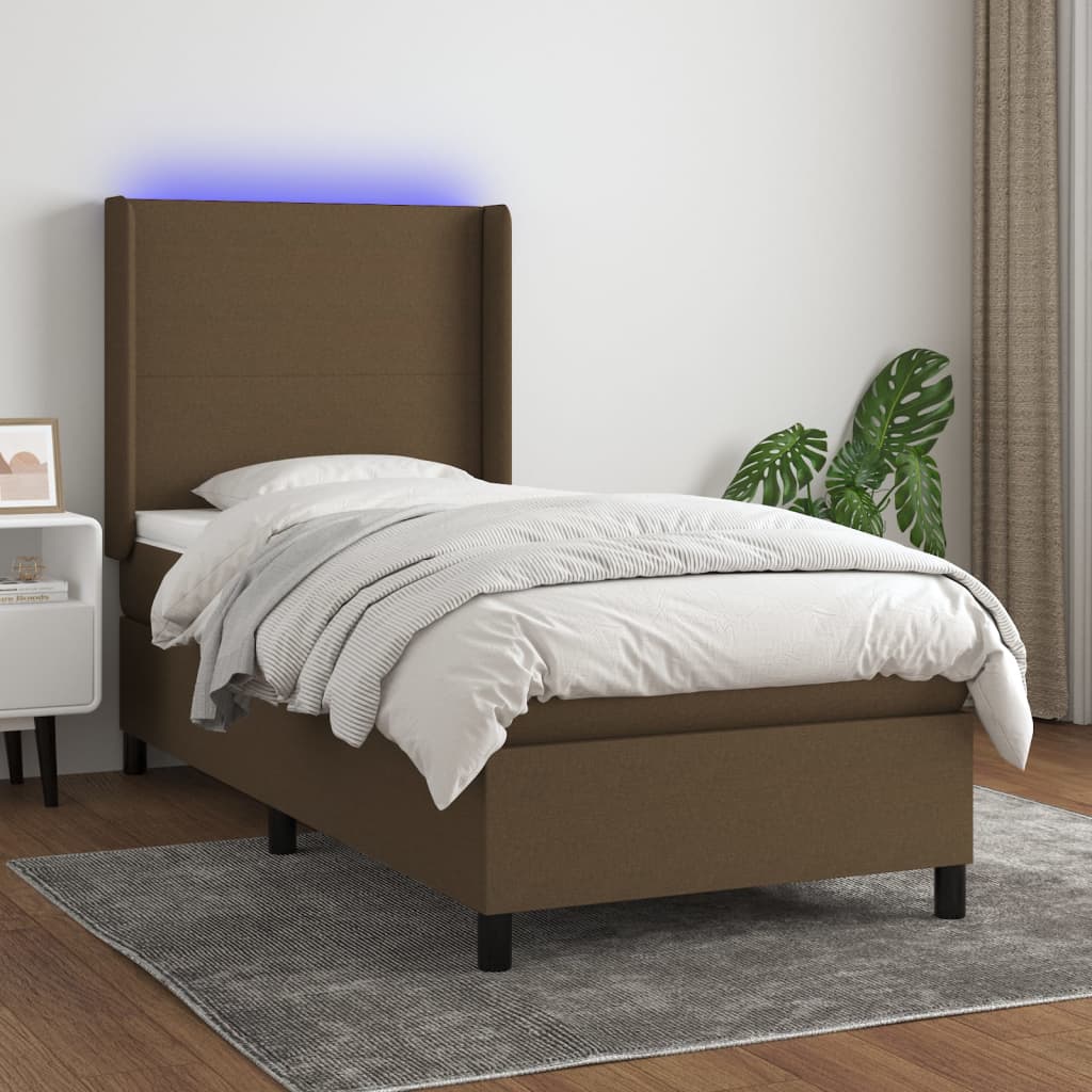 vidaXL Posteľ boxsping s matracom a LED tmavohnedá 100x200 cm látka