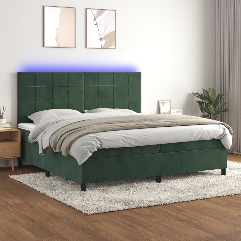 vidaXL Posteľný rám boxsping matrac a LED tmavozelený 200x200 cm zamat