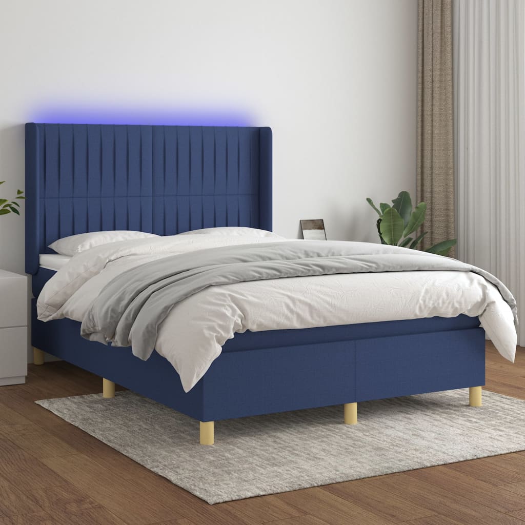 vidaXL Posteľ boxsping s matracom a LED modrá 140x190 cm látka