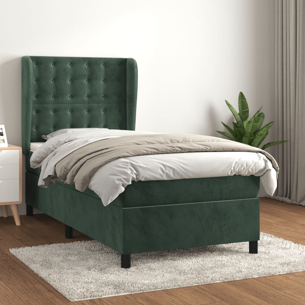 vidaXL Posteľný rám boxsping s matracom tmavozelený 90x200 cm zamat