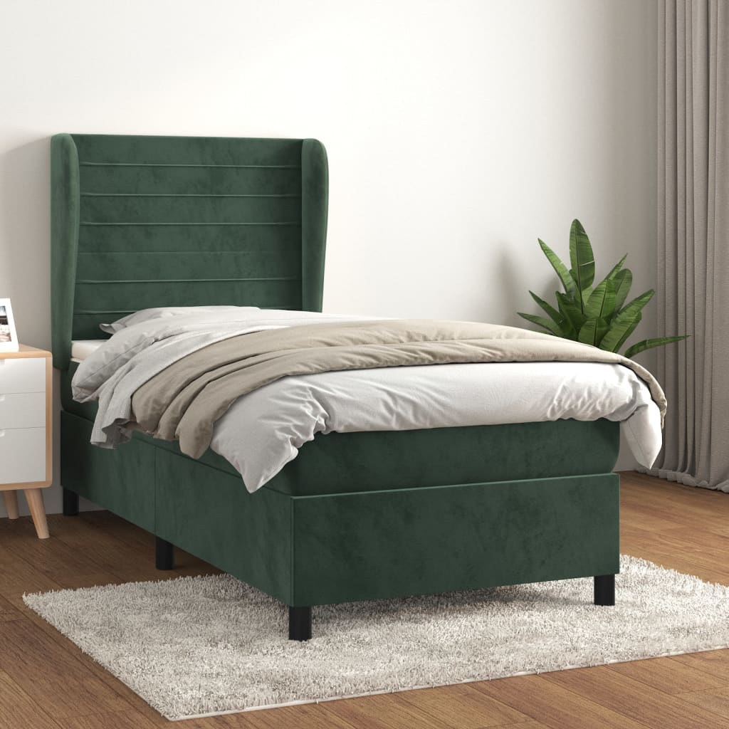 vidaXL Posteľný rám boxsping s matracom tmavozelený 90x200 cm zamat