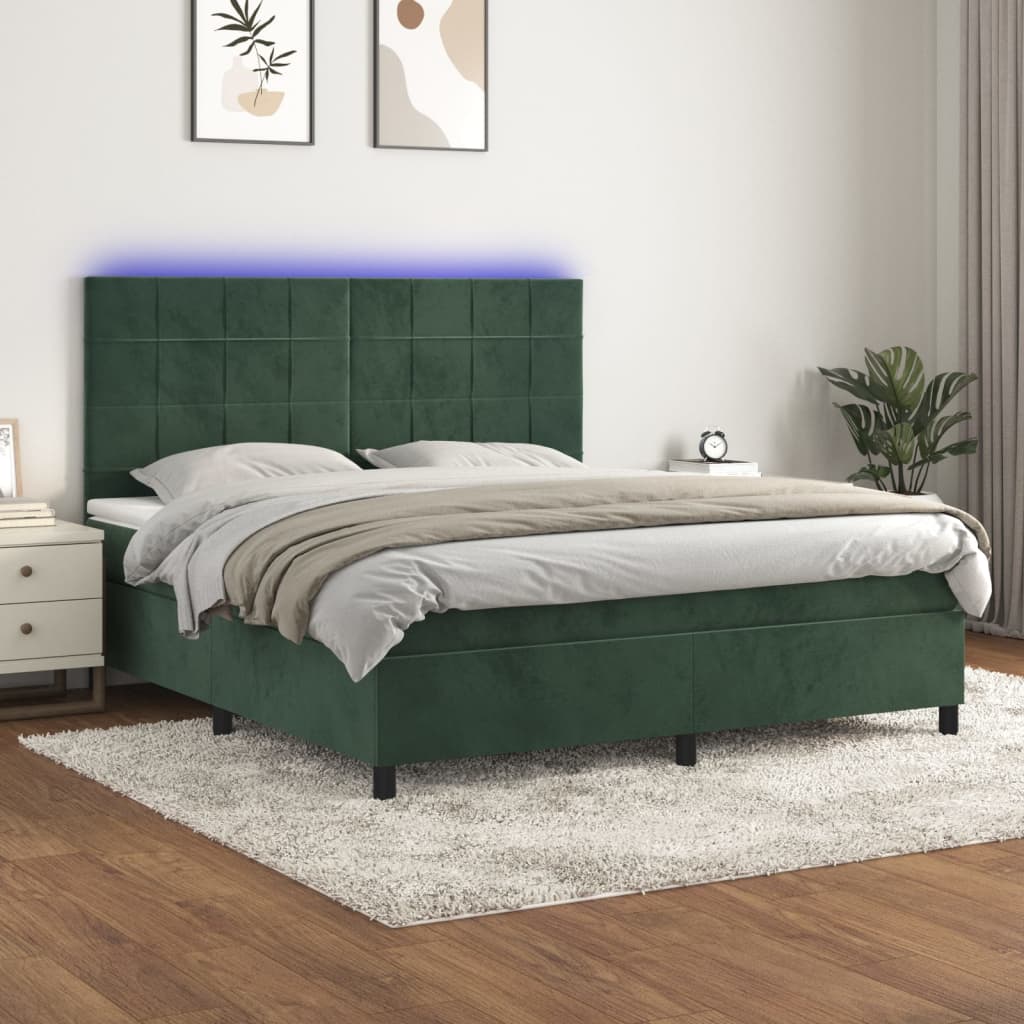 vidaXL Posteľný rám boxsping matrac a LED tmavozelený 160x200 cm zamat