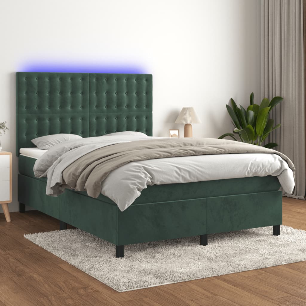 vidaXL Posteľný rám boxsping matrac a LED tmavozelený 140x200 cm zamat