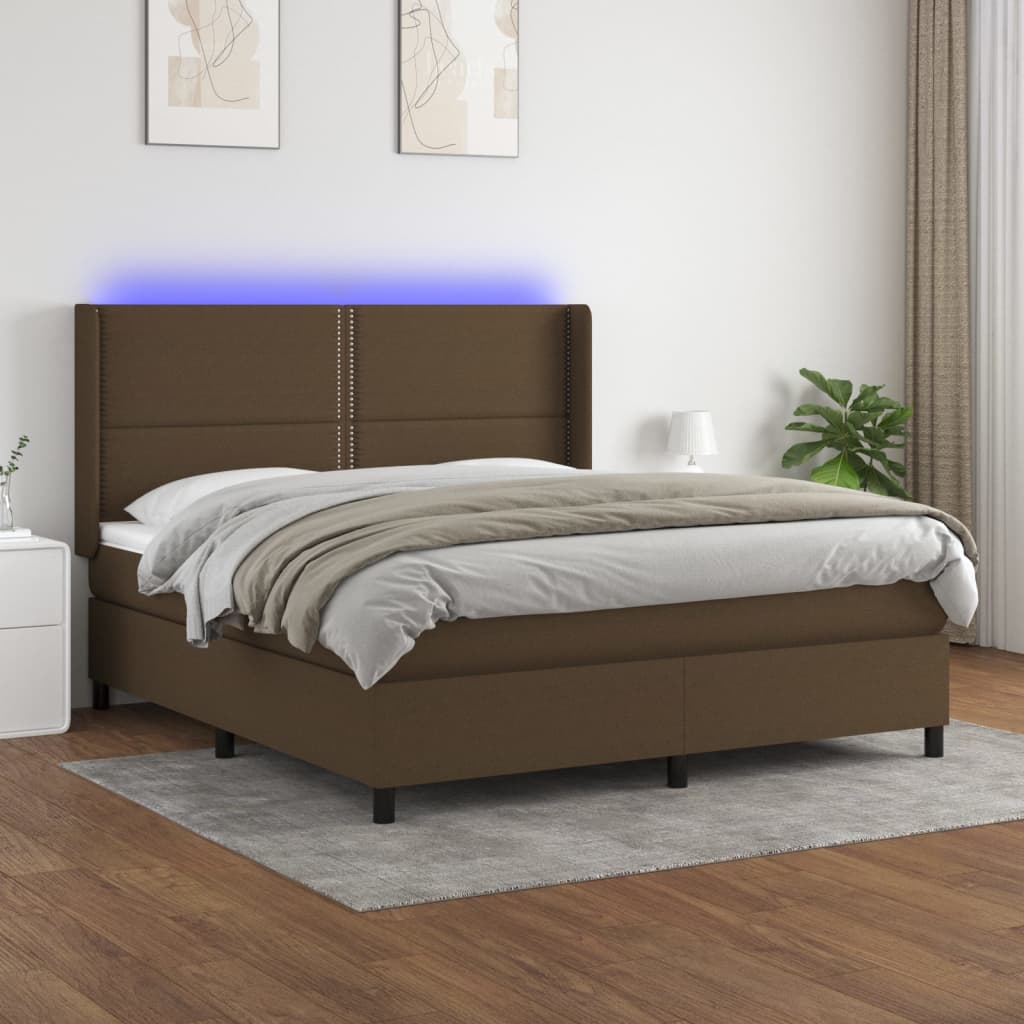 vidaXL Posteľ boxsping s matracom a LED tmavohnedá 180x200 cm látka