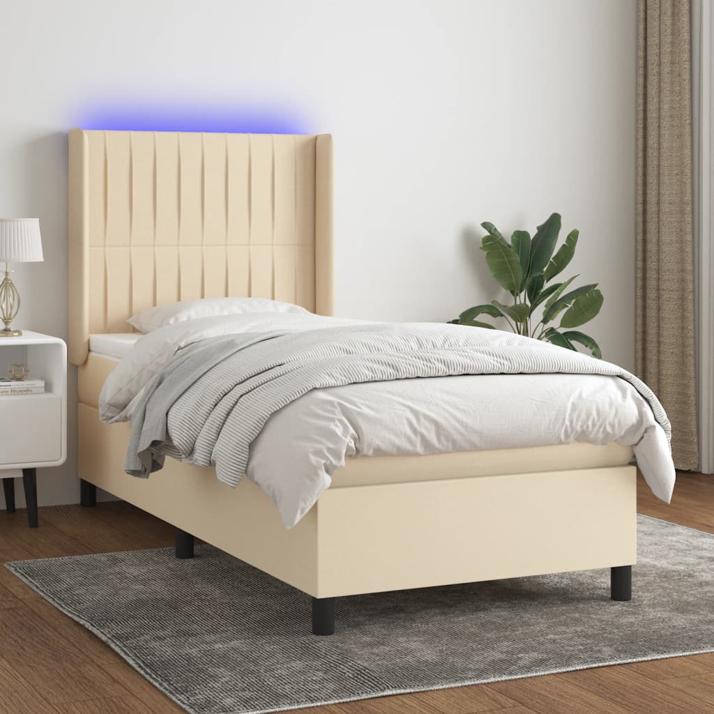 vidaXL Posteľ boxsping s matracom a LED krémová 80x200 cm látka