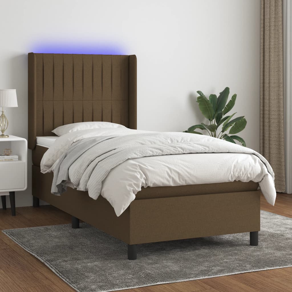 vidaXL Posteľ boxsping s matracom a LED tmavohnedá 90x200 cm látka