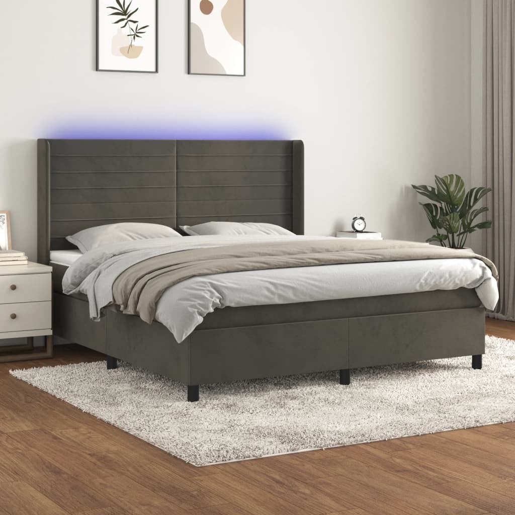 vidaXL Posteľ boxsping s matracom a LED tmavosivá 180x200 cm zamat