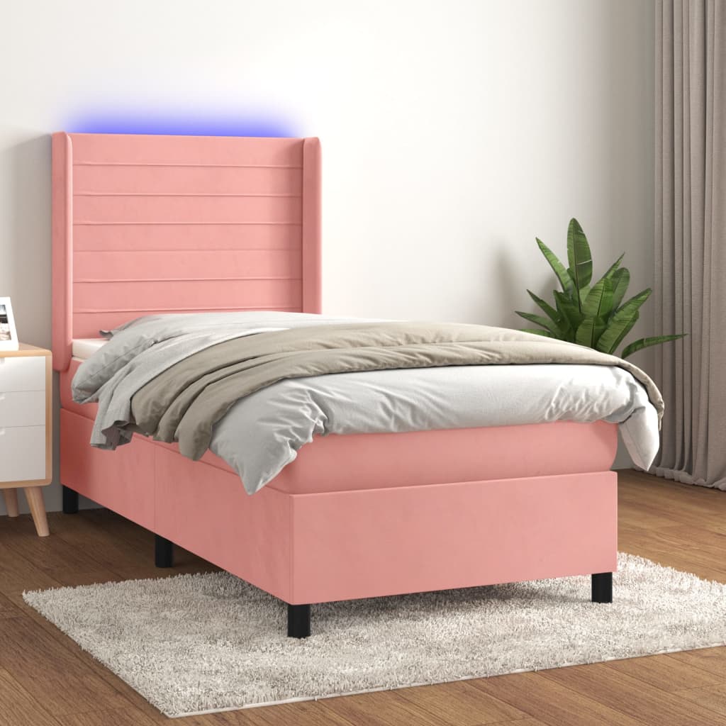 vidaXL Posteľný rám boxsping s matracom a LED ružový 90x190 cm zamat
