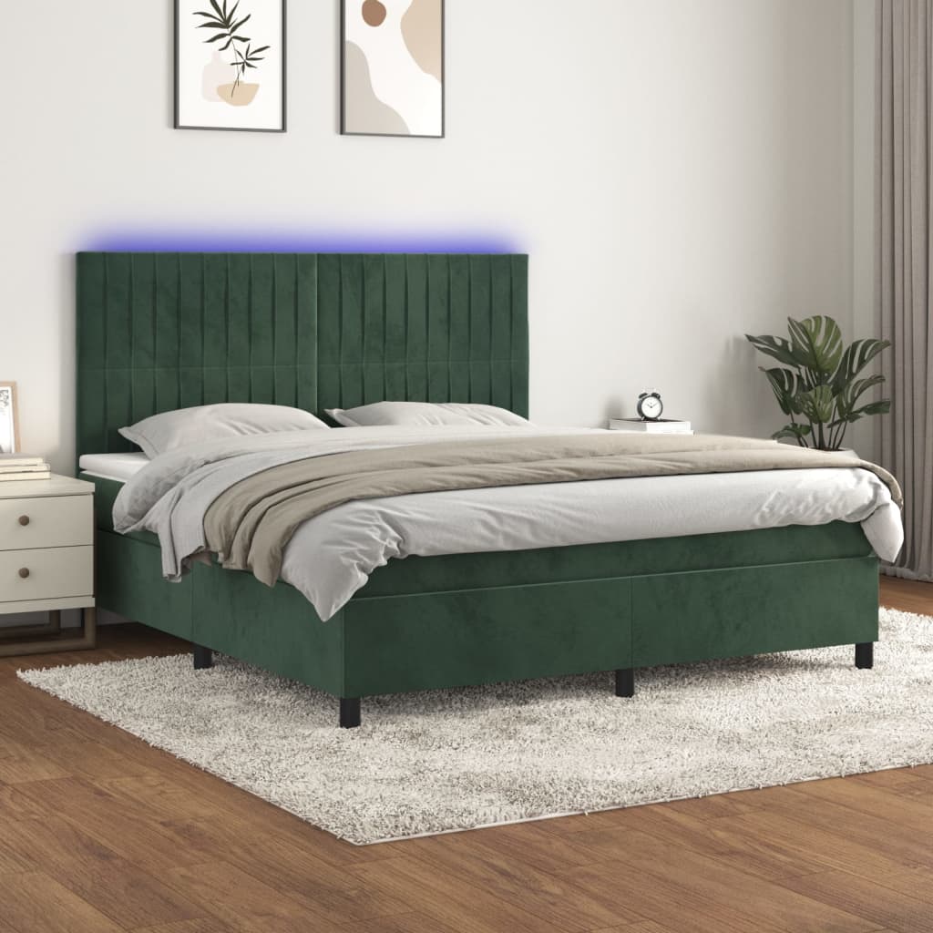 vidaXL Posteľný rám boxsping matrac a LED tmavozelený 160x200 cm zamat