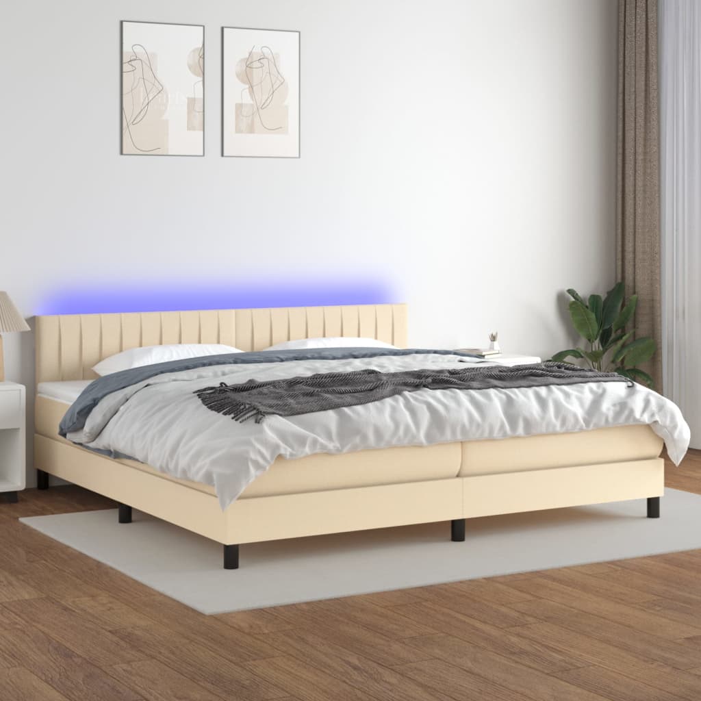 vidaXL Posteľ boxsping s matracom a LED krémová 200x200 cm látka