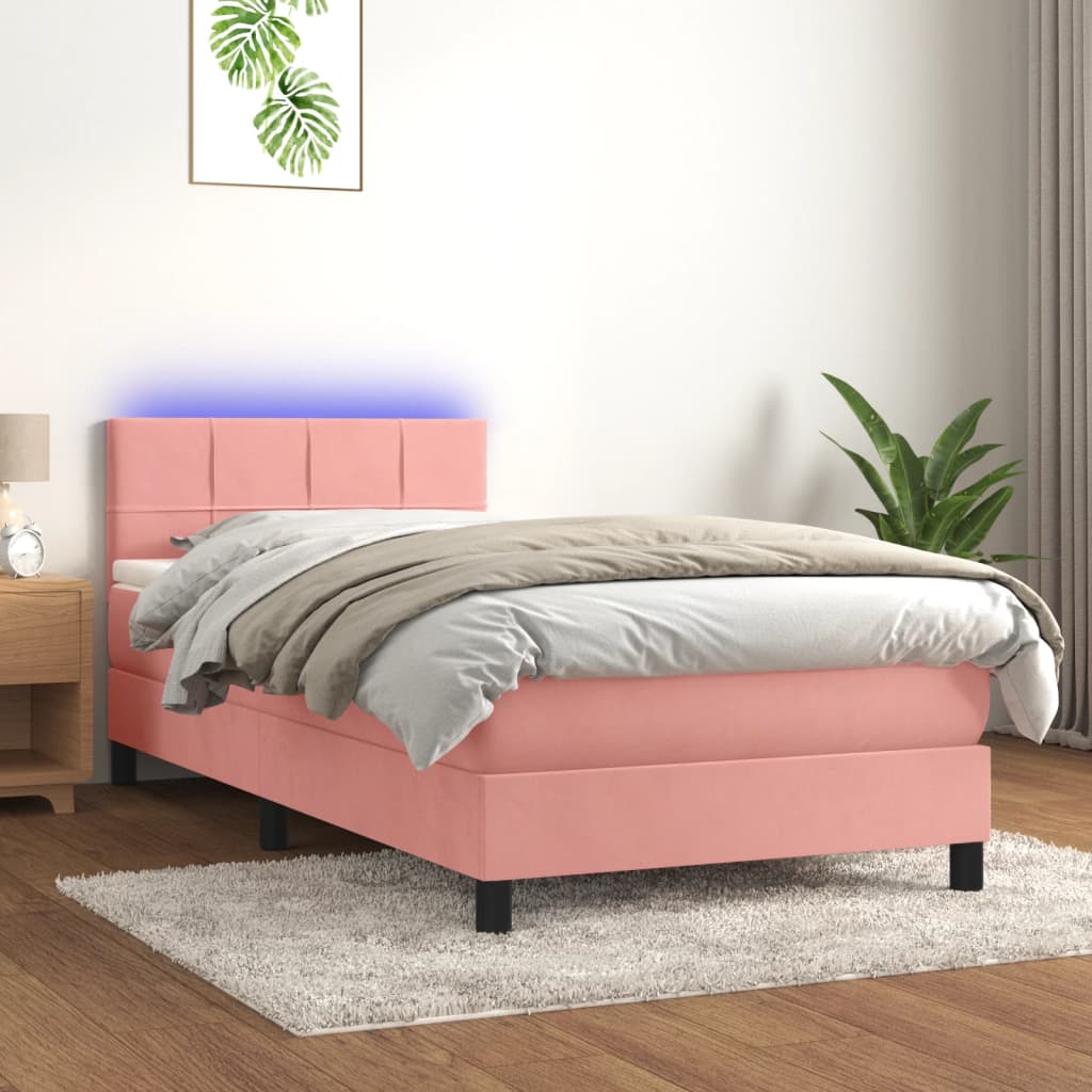 vidaXL Posteľný rám boxsping s matracom a LED ružový 90x190 cm zamat