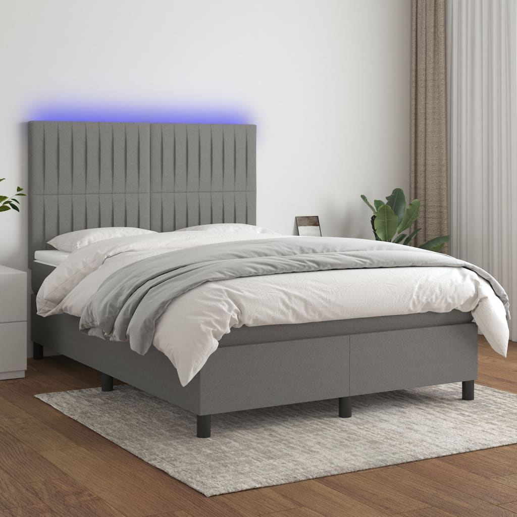 vidaXL Posteľ boxsping s matracom a LED tmavosivá 140x190 cm látka