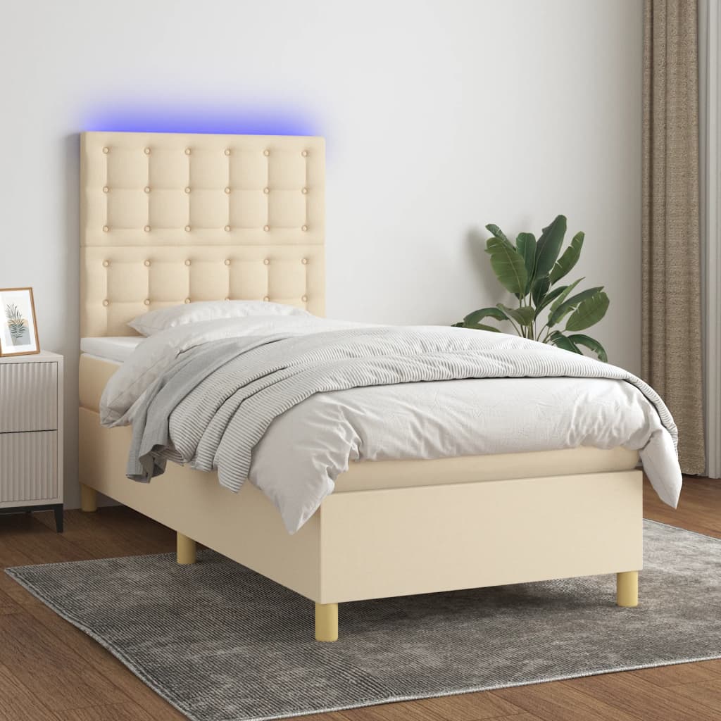 vidaXL Posteľ boxsping s matracom a LED krémová 80x200 cm látka