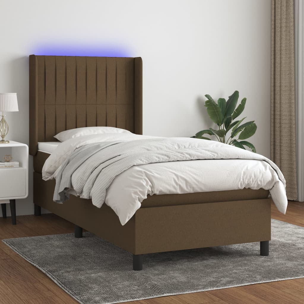 vidaXL Posteľ boxsping s matracom a LED tmavohnedá 90x190 cm látka