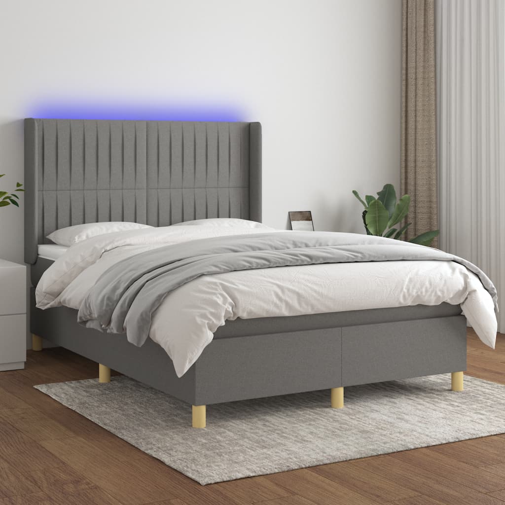vidaXL Posteľ boxsping s matracom a LED tmavosivá 140x200 cm látka