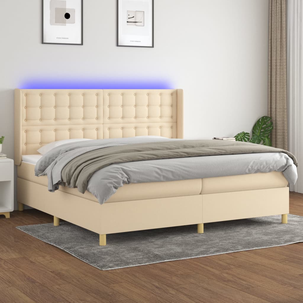 vidaXL Posteľ boxsping s matracom a LED krémová 200x200 cm látka
