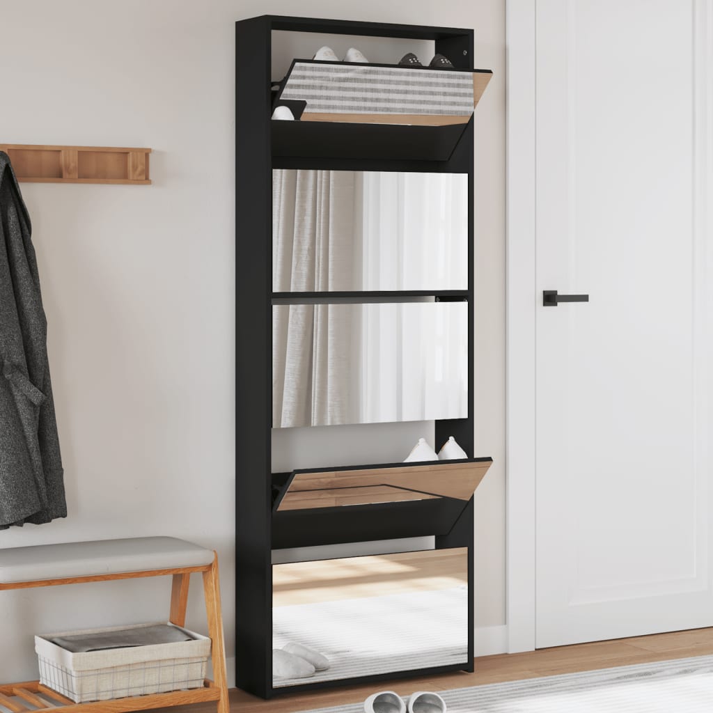 vidaXL Botník so zrkadlom 5-poschodový čierny 63x17x169,5 cm