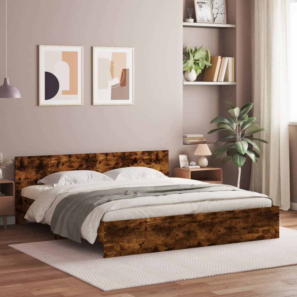 vidaXL Posteľný rám s čelom a LED dymový dub 200x200 cm