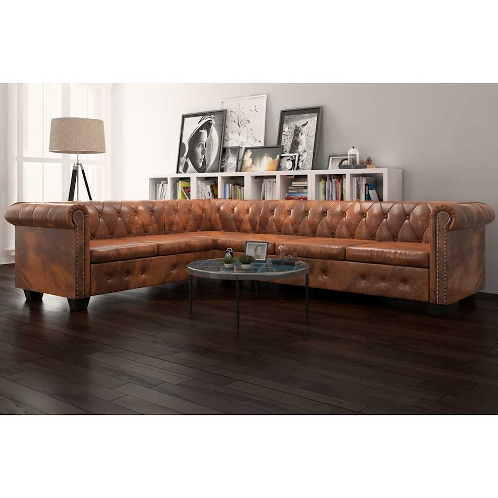 vidaXL Rohová pohovka Chesterfield, 6-miestna, umelá koža, hnedá