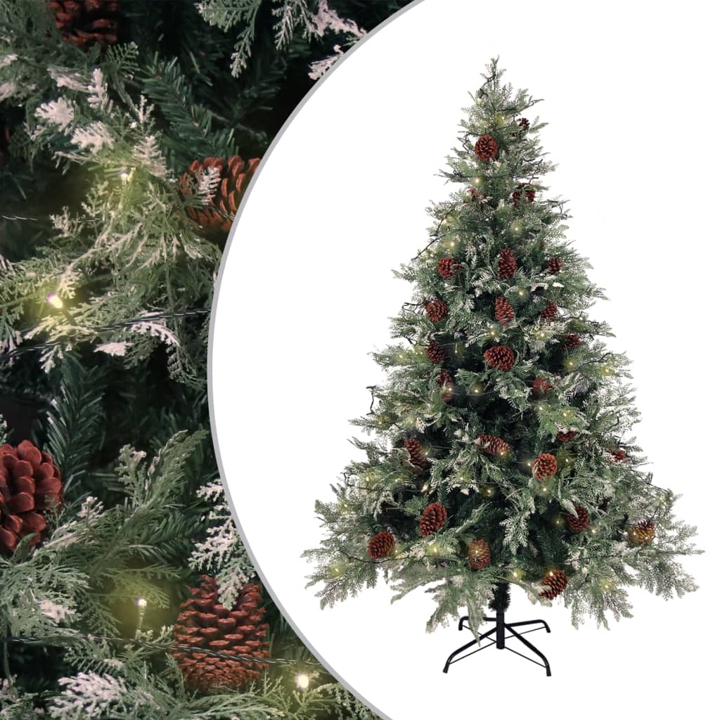 vidaXL Osvetlený vianočný stromček+šišky, zeleno biely 150cm, PVC a PE