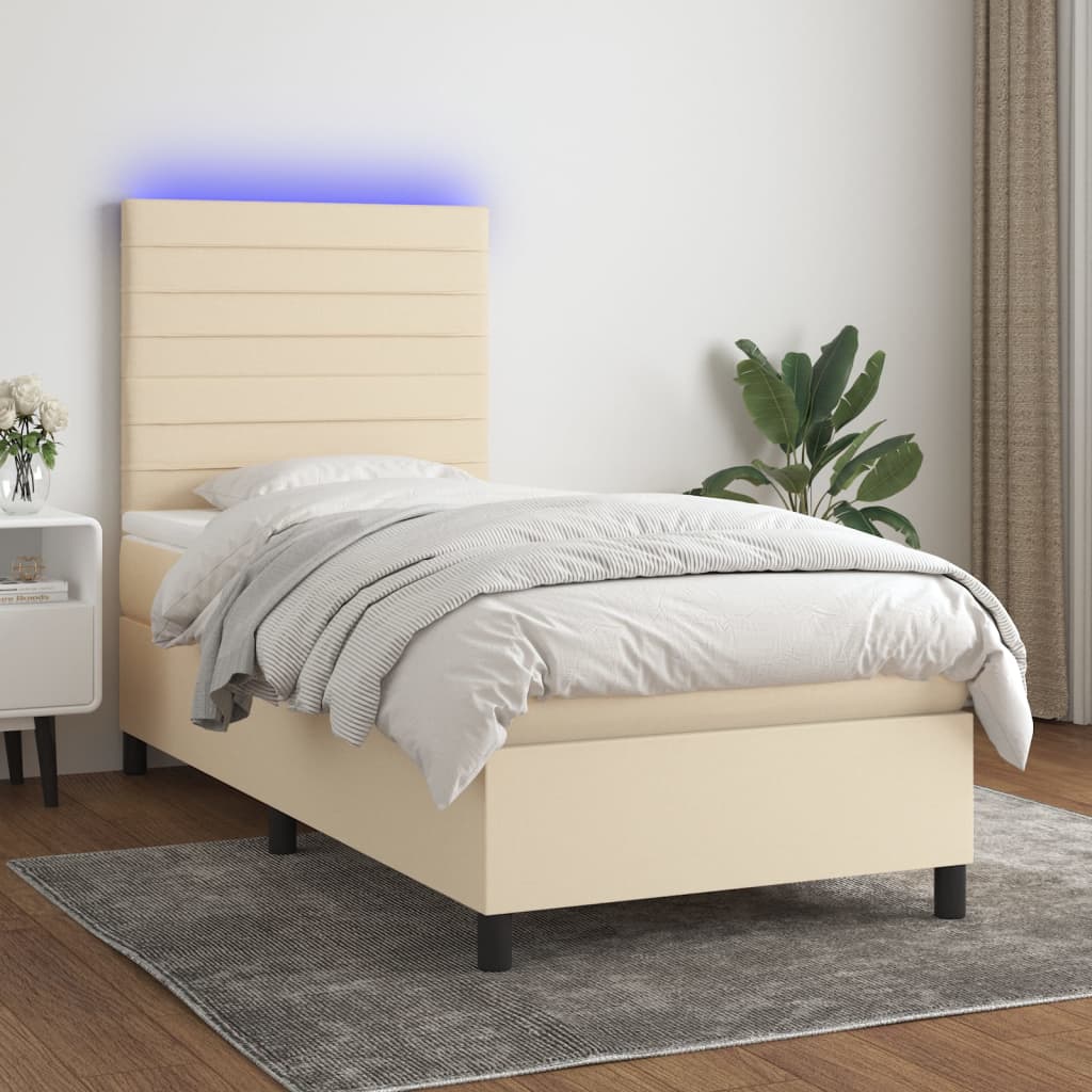 vidaXL Posteľ boxsping s matracom a LED krémová 90x200 cm látka