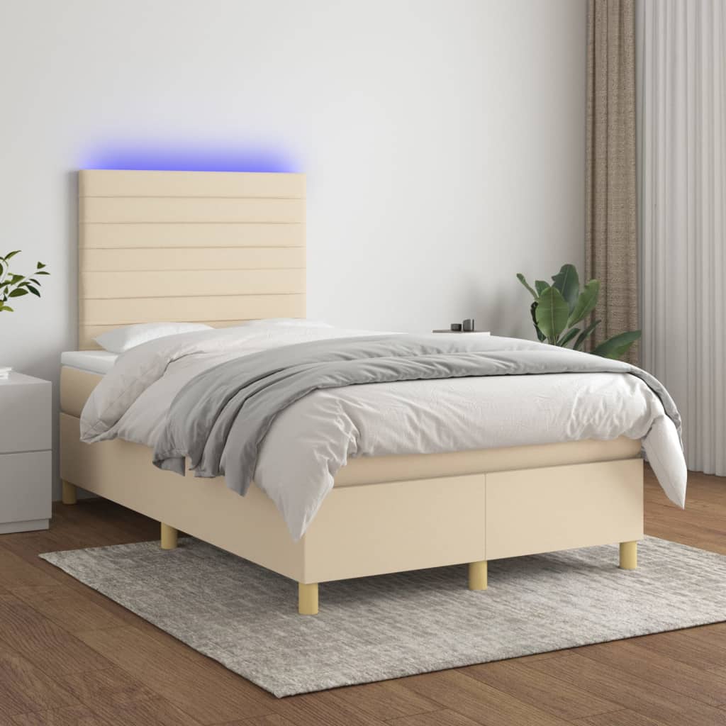 vidaXL Posteľ boxsping s matracom a LED krémová 120x200 cm látka
