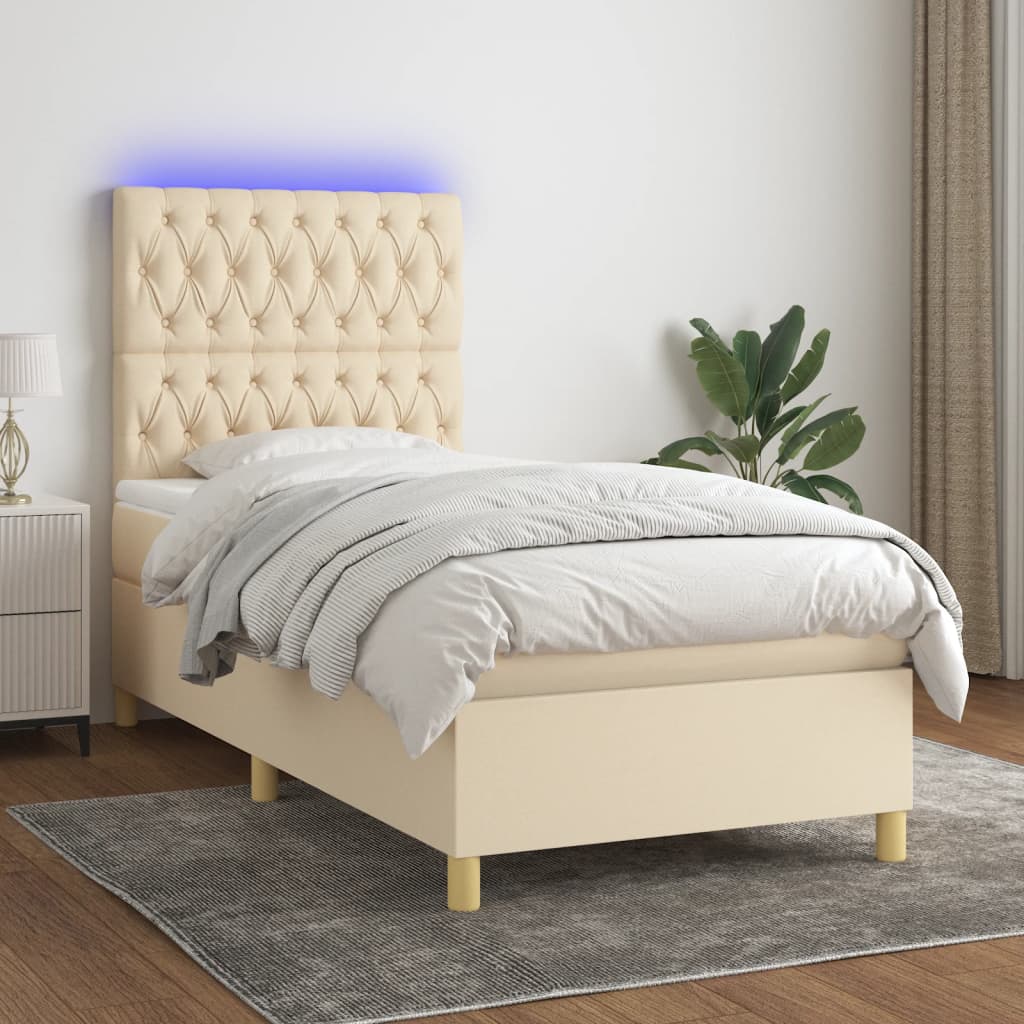 vidaXL Posteľ boxsping s matracom a LED krémová 90x190 cm látka