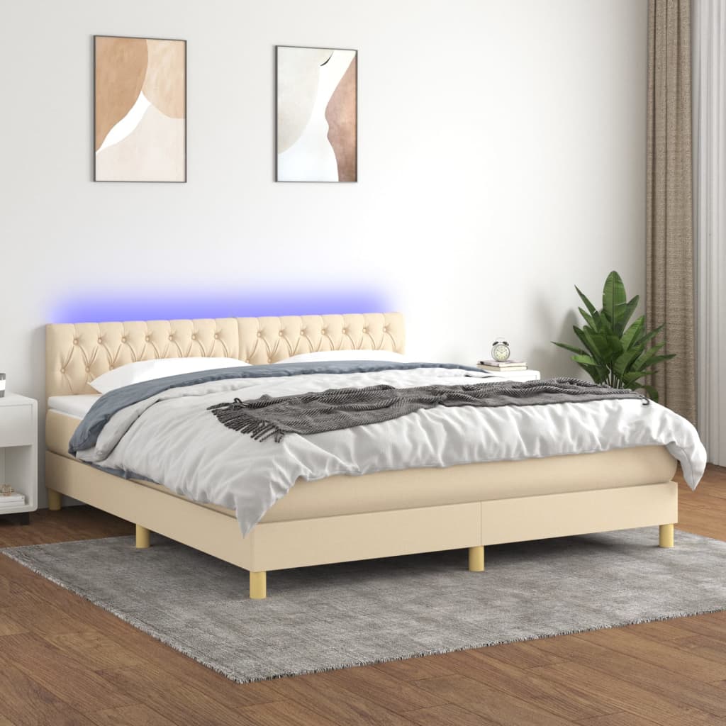 vidaXL Posteľ boxsping s matracom a LED krémová 180x200 cm látka