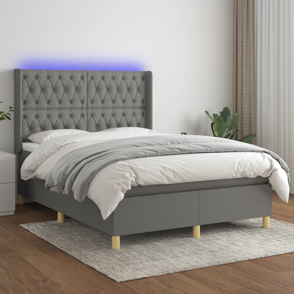 vidaXL Posteľ boxsping s matracom a LED tmavosivá 140x190 cm látka