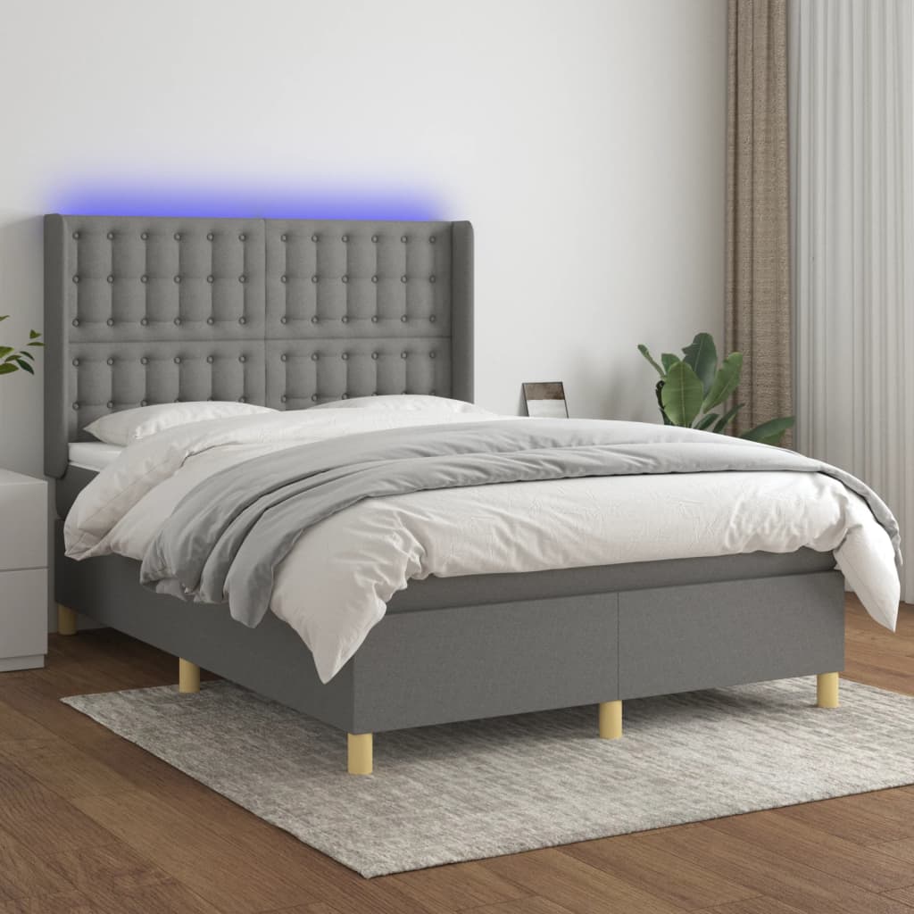vidaXL Posteľ boxsping s matracom a LED tmavosivá 140x190 cm látka