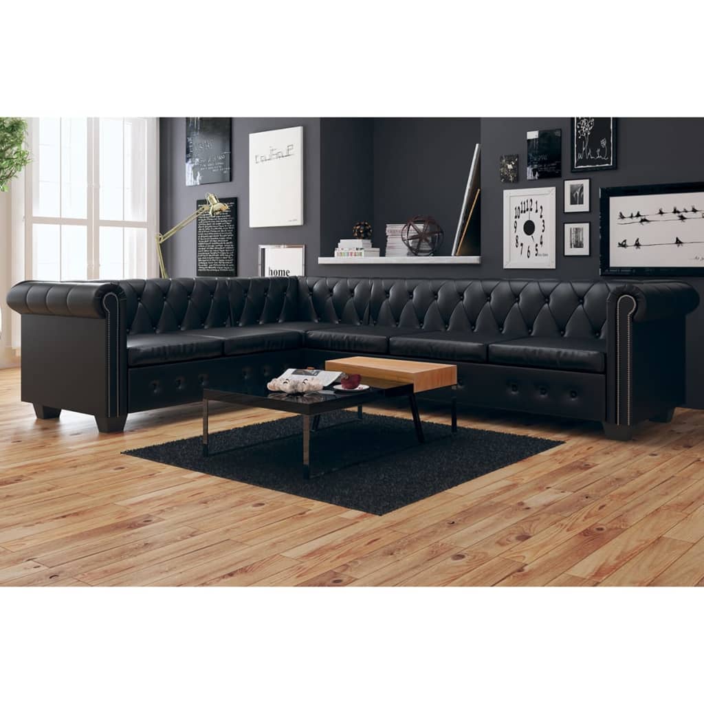 vidaXL Rohová pohovka Chesterfield, 6-miestna, umelá koža, čierna