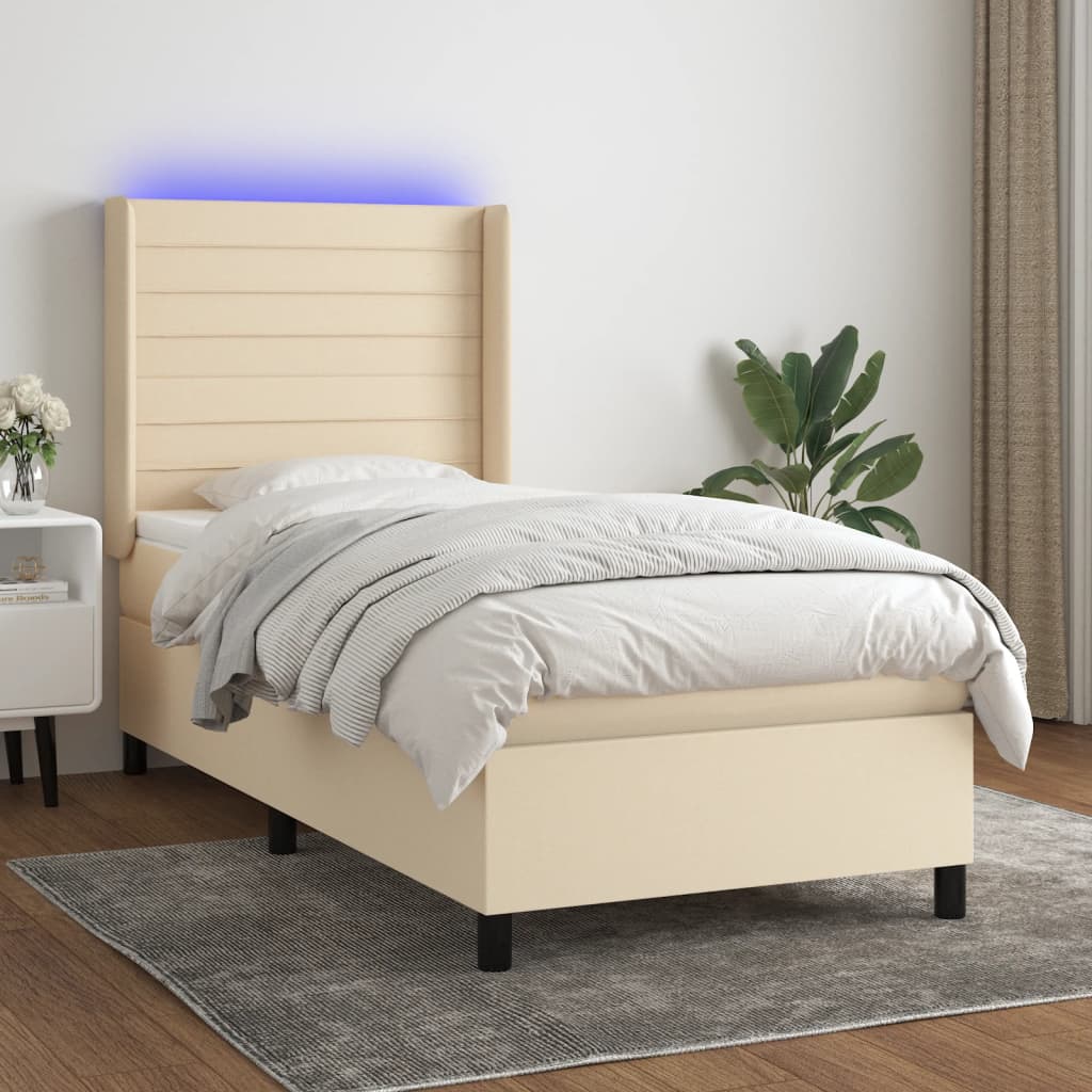 vidaXL Posteľ boxsping s matracom a LED krémová 90x200 cm látka