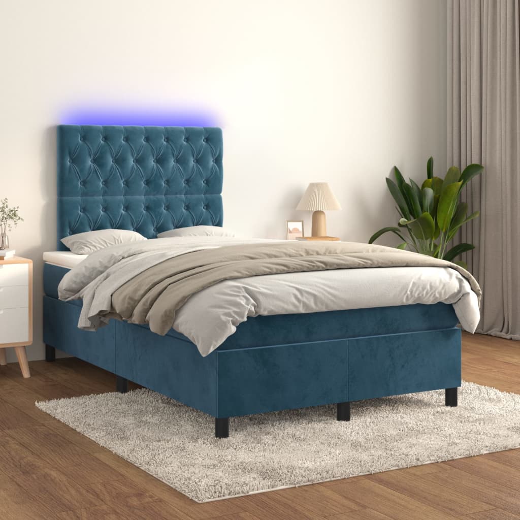 vidaXL Posteľný rám boxsping matrac a LED tmavomodrý 120x200 cm zamat
