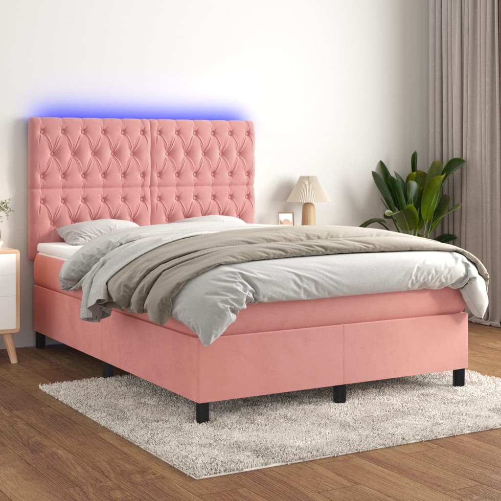 vidaXL Posteľný rám boxsping s matracom a LED ružový 140x190 cm zamat