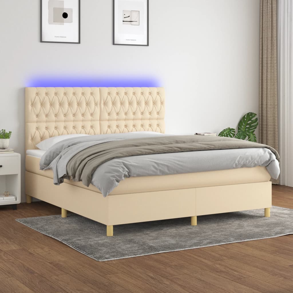 vidaXL Posteľ boxsping s matracom a LED krémová 160x200 cm látka