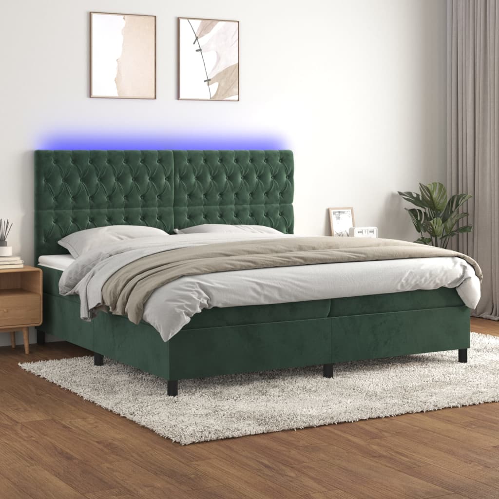 vidaXL Posteľný rám boxsping matrac a LED tmavozelený 200x200 cm zamat
