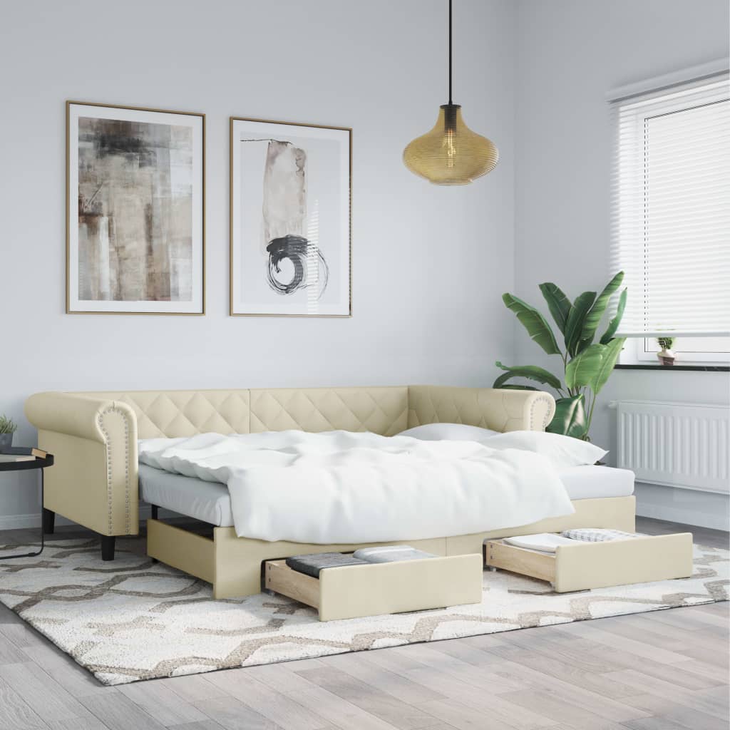 vidaXL Rozklad. denná posteľ so zásuvkami krémová 90x200 cm umelá koža
