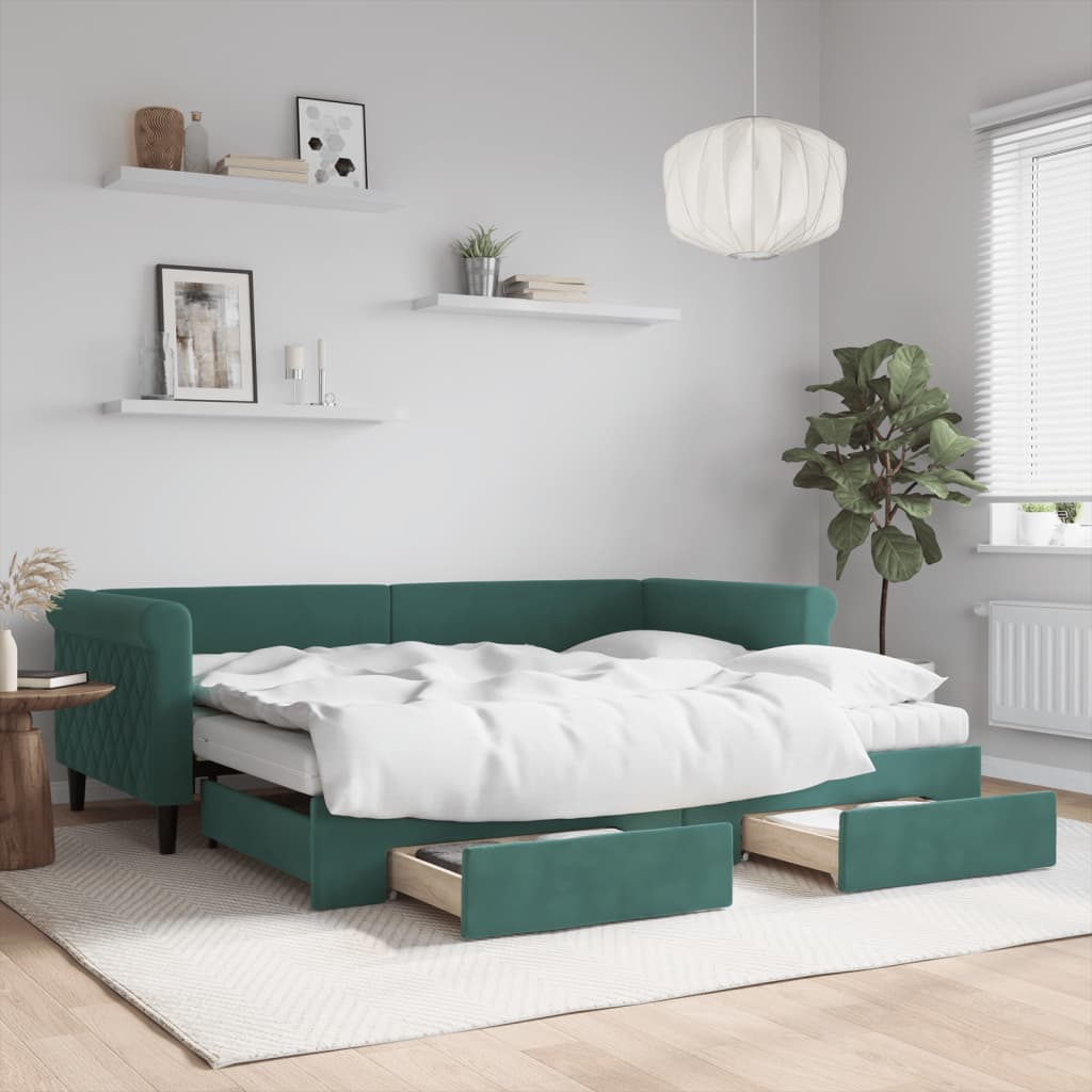 vidaXL Rozkladacia denná posteľ a zásuvky tmavozelená 90x200 cm zamat