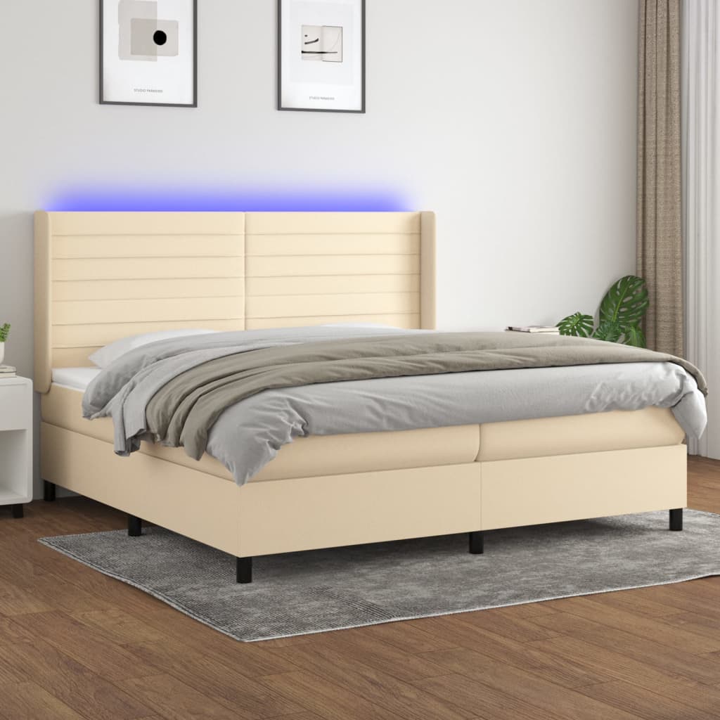 vidaXL Posteľ boxsping s matracom a LED krémová 200x200 cm látka