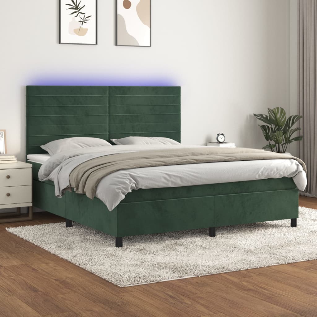 vidaXL Posteľný rám boxsping matrac a LED tmavozelený 180x200 cm zamat