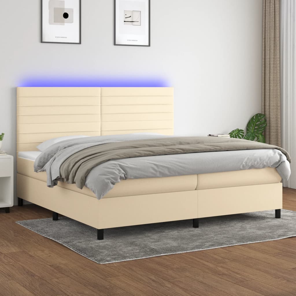 vidaXL Posteľ boxsping s matracom a LED krémová 200x200 cm látka