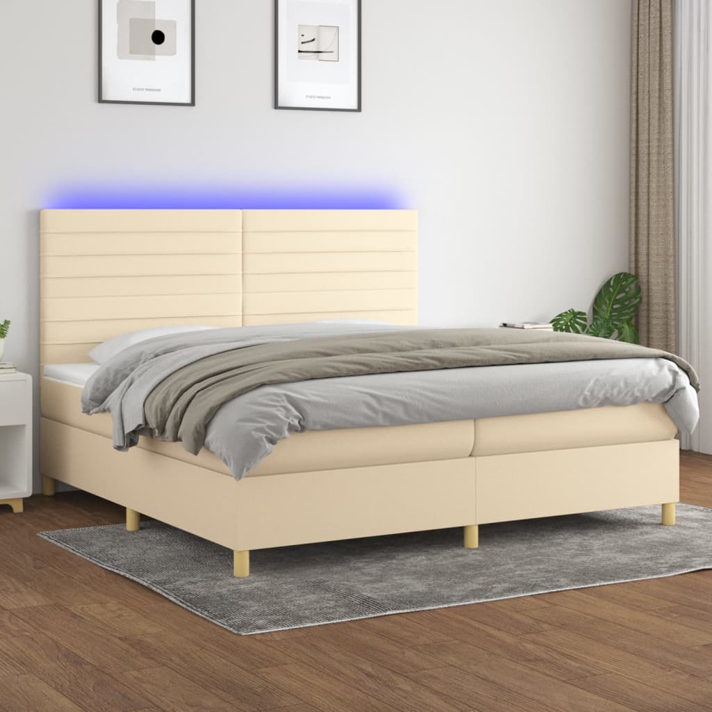 vidaXL Posteľ boxsping s matracom a LED krémová 200x200 cm látka