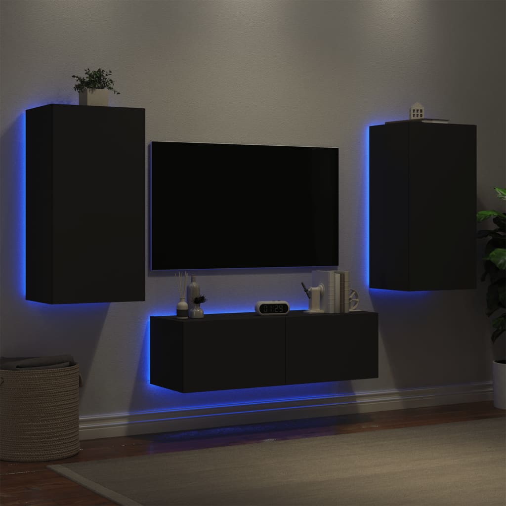vidaXL 3-dielne TV nástenné skrinky s LED svetlami čierne