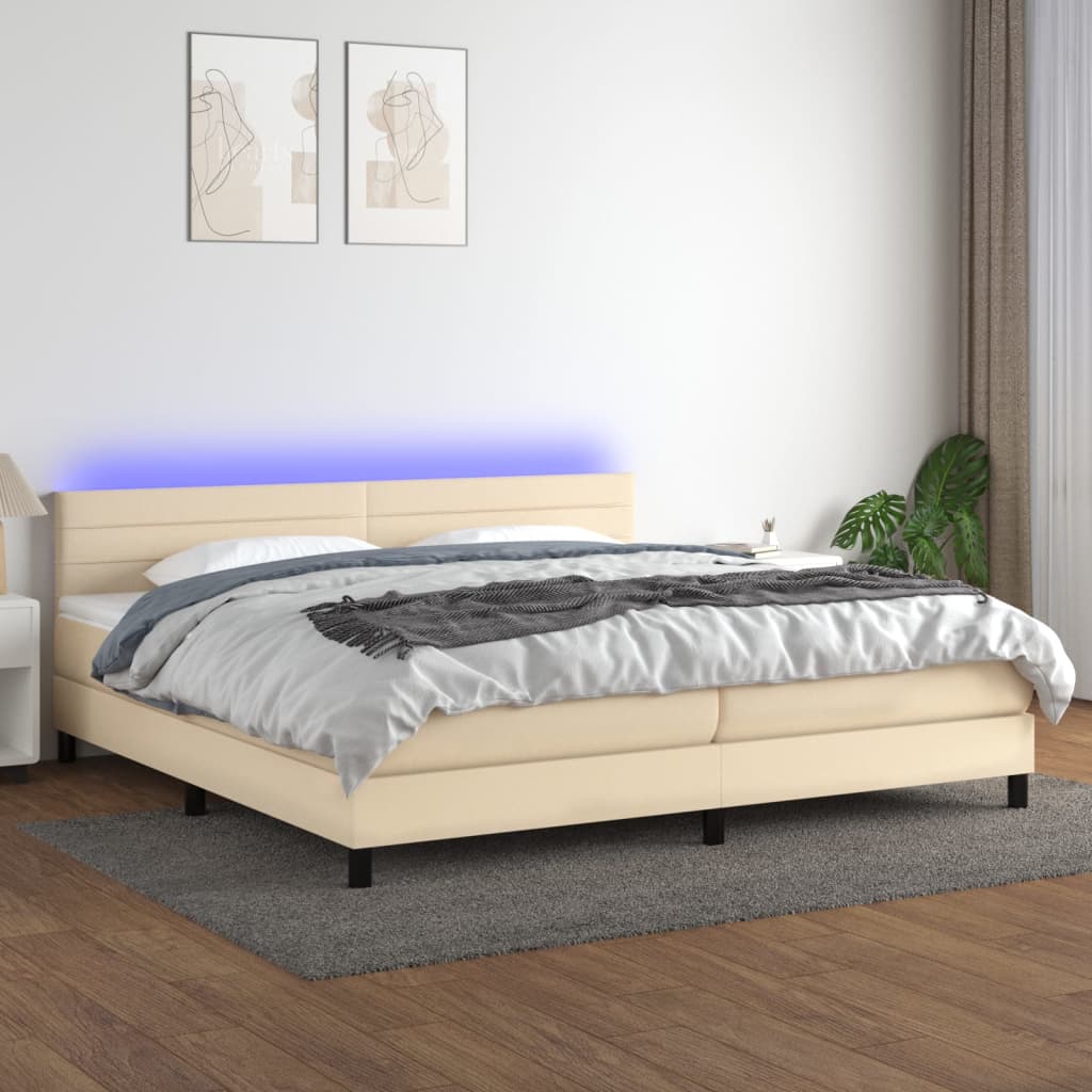 vidaXL Posteľ boxsping s matracom a LED krémová 200x200 cm látka